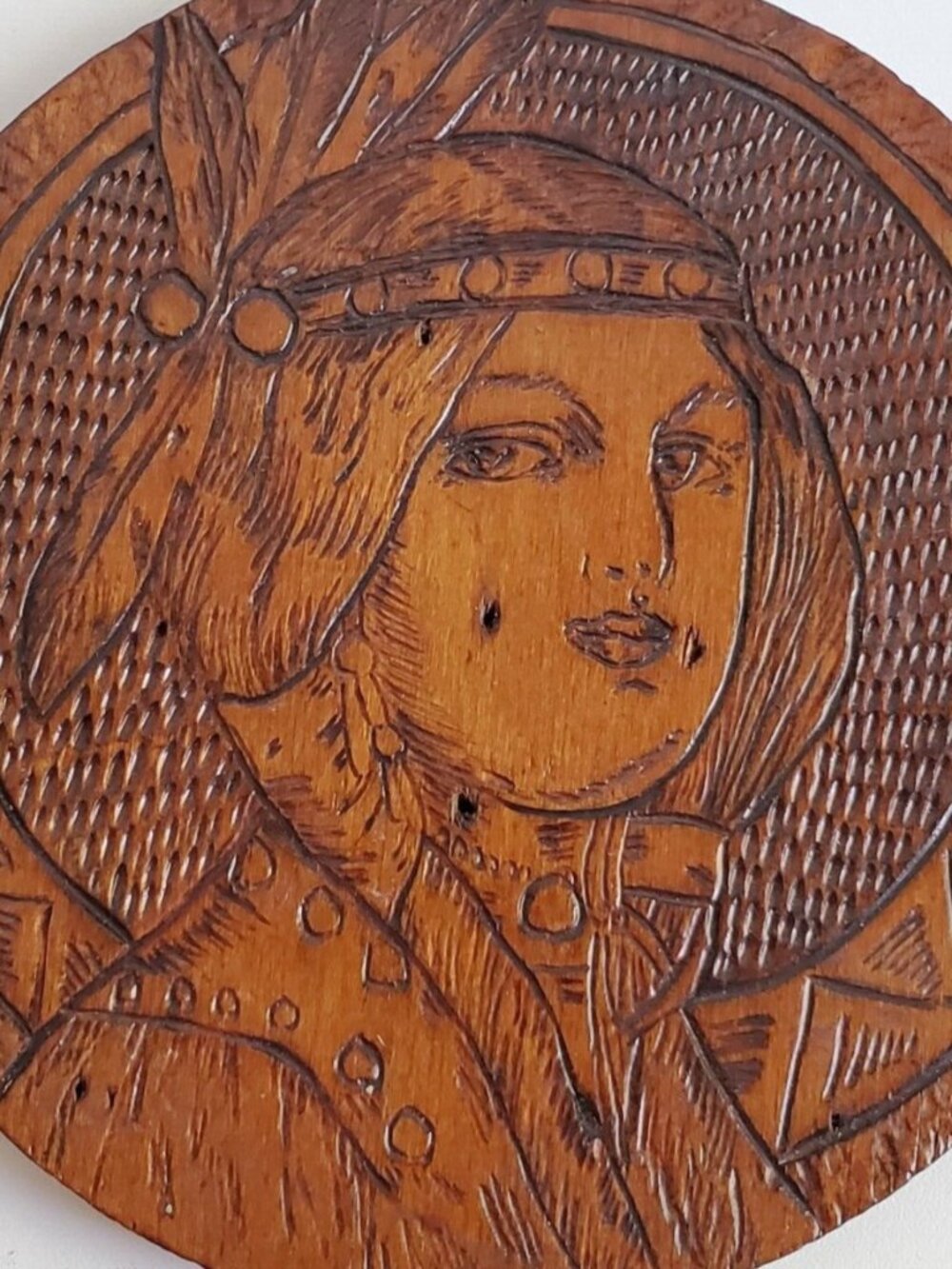 Flemish Art Co. Pyrography Maiden Vintage Wooden Plaque